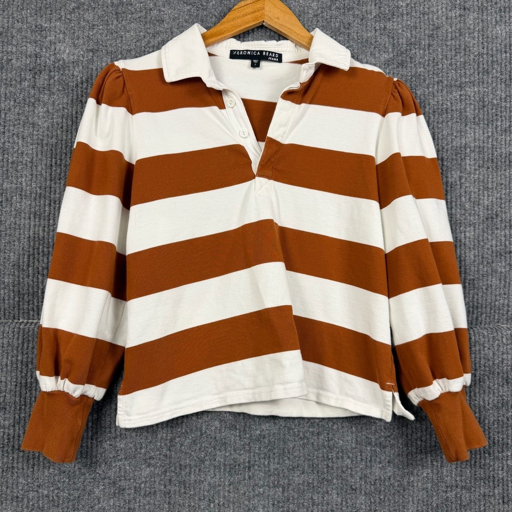 Veronica Beard Rugby Shirt Womens S Burnt Orange White Striped Polo Puff Sleeve